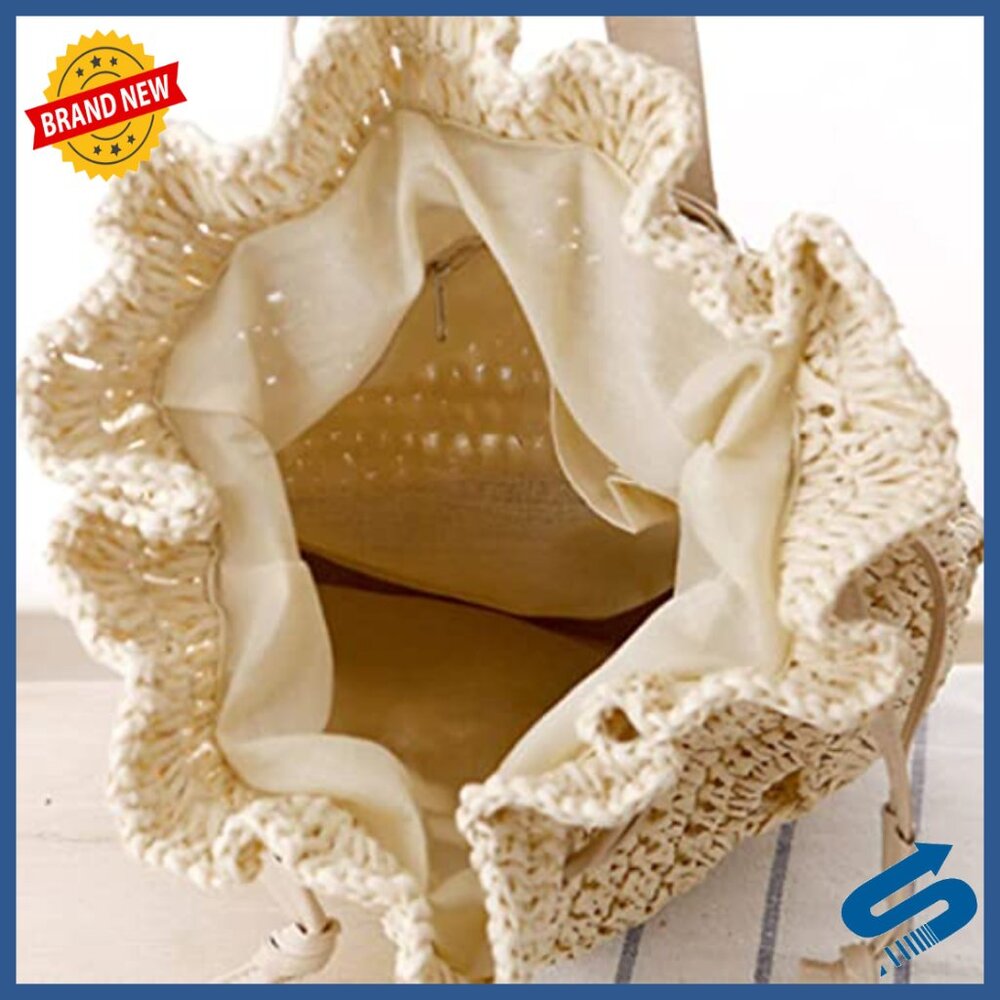 Straw Woven Drawstring Backpack with Leather Stra… - image 7